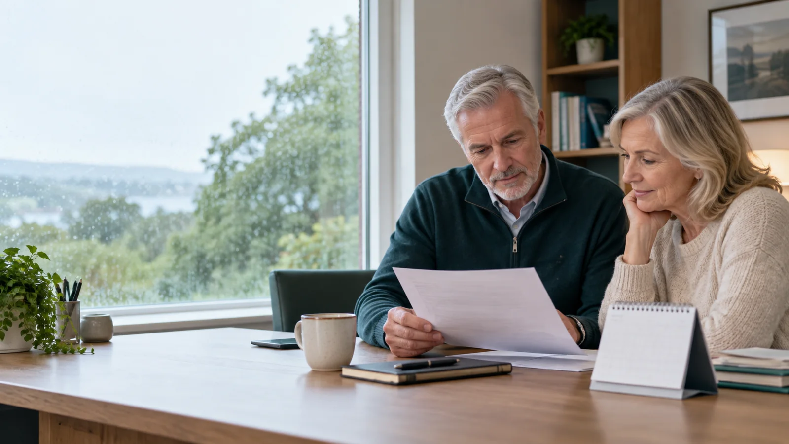 A couple reviewing retirement timing and pension documents at home