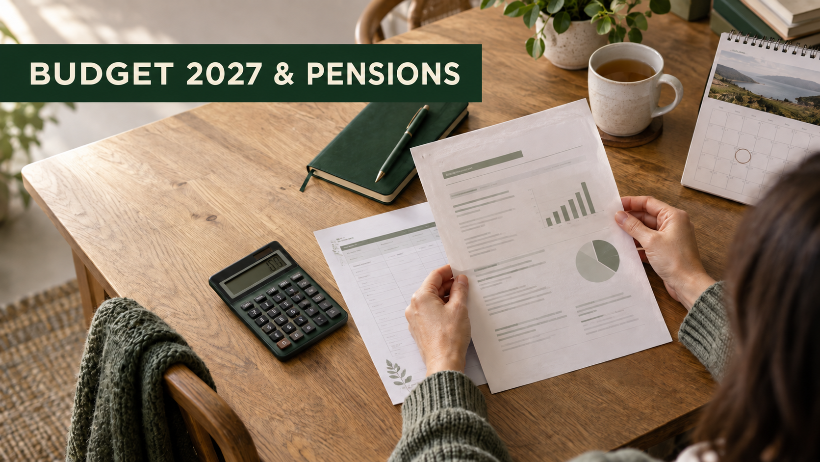 Person reviewing a pension statement and household budget beside a calculator and October calendar