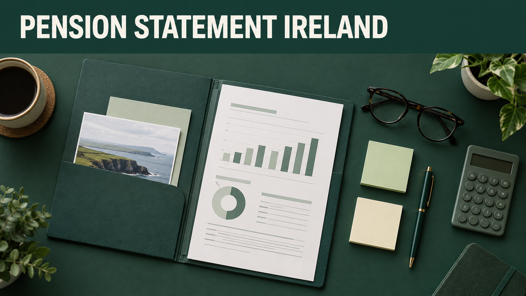 Pension statement folder, calculator and notes for reviewing an Irish pension statement