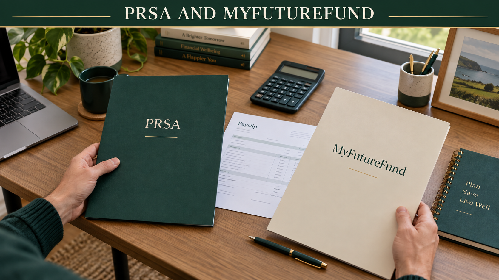 Person comparing a PRSA folder, a MyFutureFund folder and a payslip at a desk